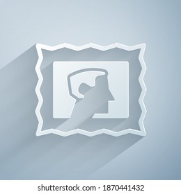 Paper cut Postal stamp icon isolated on grey background. Paper art style. Vector
