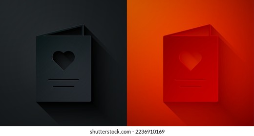 Cortar papel postal con icono cardíaco aislado en fondo negro y rojo. Mensaje amor. Carta de amor y romance. Estilo de arte de papel. Vector