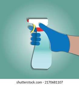 eine Postkarte mit Papierschnitt. Sprühgerät mit Reinigungsmittel, mit Antiseptika in der Hand. 2d wird in Form von Papier hergestellt