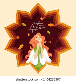 Papier schneiden Poster oder Banner-Design von Hallo Herbst. Cartoon Charakter einer schönen glücklichen Frau auf braunem Hintergrund.
