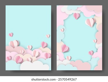 Paper Cut Poster Template with 3d Hearts and Text Box. Cute Universal Background Perfect for Wedding Invitation, Girl Birthday, Mothers and Womens Day, Menu, Greeting Card, Banner, Flyer, Social Media