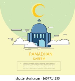 Paper Cut poster or template design with blue Mosque, and Crescent Moon for Ramadhan Kareem. Vector Illustration