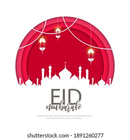 Paper cut poster or template design with mosque, lanterns for Eid Mubarak celebration concept. Vector Illustration.