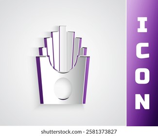 Paper cut Potatoes french fries in carton package box icon isolated on grey background. Fast food menu. Paper art style. Vector