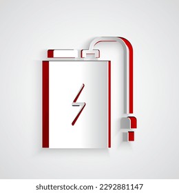 Paper cut Power bank with different charge cable icon isolated on grey background. Portable charging device. Paper art style. Vector Illustration