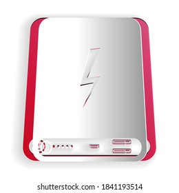 Paper cut Power bank icon isolated on white background. Portable charging device. Paper art style. Vector.
