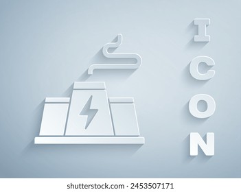 Paper cut Power station plant and factory icon isolated on grey background. Energy industrial concept. Paper art style. Vector