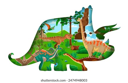 Paper cut prehistoric dinosaur silhouette 3d vector frame with dino species. Tyrranosaurus, tapejara, aegyptosaurus, lambeosaurus and brachiosaurus in lush environment with waterfall and palm trees