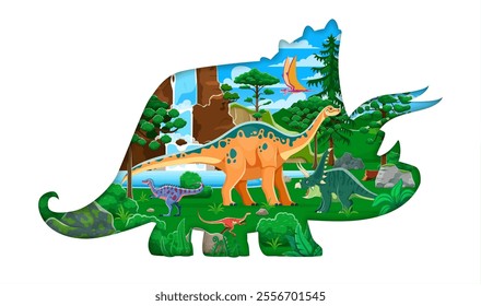 Paper cut prehistoric dinosaur silhouette, 3d vector frame with dino species. Chasmosaurus, dimorphodon, apatosaurus, alectrosaurus and alvarezsaurus in lush environment with waterfall, rocks, trees