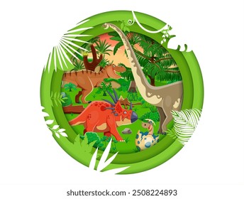 Paisaje de dinosaurios prehistóricos cortados en papel con especies de dibujos animados de tiranosaurios, estiracosaurios y dinosaurios omeisaurios. Marco redondo del papercut del Vector 3D con los reptiles antiguos en bosque verde tropical de la selva