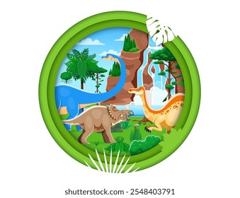 Paper cut prehistoric dinosaurs landscape banner with Jurassic lizard characters, vector background. Funny dinosaurs in jungle forest for kids dino world atlas book cover or prehistoric encyclopedia