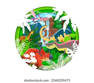 Paper cut prehistoric dinosaurs landscape with waterfall and palm trees in vector 3d layered round frame. Cartoon tarbosaurus, styracosaurus, pteranodon and scutellosaurus dinosaurs paper cut banner