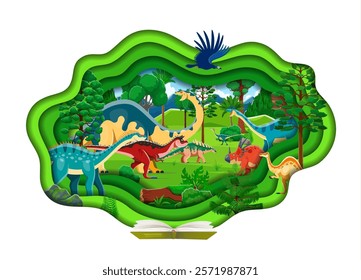 Paper cut prehistoric dinosaurs landscape with opened text book. Paleontology reptiles paper cut vector banner with argentavis, melanorosaurus and lufengosaurus, gallimimus, carnotaurus dinosaurs