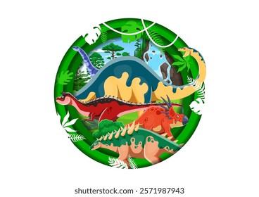 Paper cut prehistoric dinosaurs landscape. Jurassic era animals in jungle paper cut round vector banner with carnotaurus, styracosaurus, polacanthus and melanorosaurus, hypselosaurus cute dinosaurs