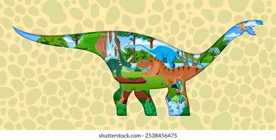 Papel cortou dinossauros pré-históricos e personagens de lagartos do mundo do dino jurássico, vetor de desenhos animados. Dinossauros, animais dino pré-históricos ou répteis em papel cortam forma de dinossauro gigante para crianças paleontologia