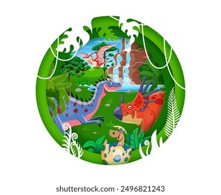 Paper cut prehistoric era landscape with dinosaurs. Cartoon dino characters and tropical jungle forest with waterfall cascade, vines and vivid jurassic nature inside of 3d vector round layered frame