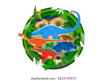 Paisagem pré-histórica de corte de papel com personagens de dinossauros dentro de quadro vetorial 3D em camadas redondas. Espécies de Dino em floresta de selva com um vulcão, enfatizando o mundo Jurássico dinâmico e diversificado