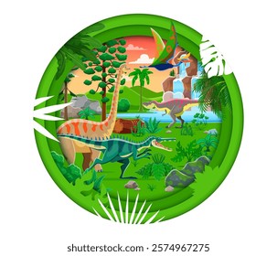 Paper cut prehistoric era landscape with tropical forest, dinosaurs and reptile characters. Vector brachiosaurus, suchomimus, quetzalcoatlus and tarbosaurus dino animals in 3d paper cut round frame