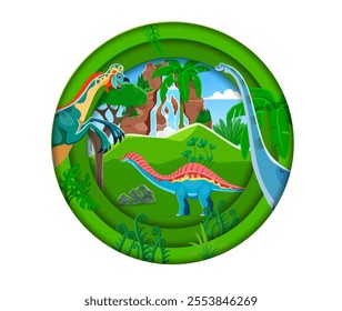 Paper cut prehistoric landscape with dinosaur characters in jungle forest with waterfall. Vector 3d origami craft round frame with cartoon cute titanosauria, oviraptor and amargasaurus at dino park