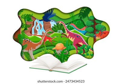 Paper cut prehistoric landscape with dinosaurs. 3d vector layered papercut frame with dino spices emerge from the pages of an open book. Imaginative adventure and discovery story of Jurassic reptiles