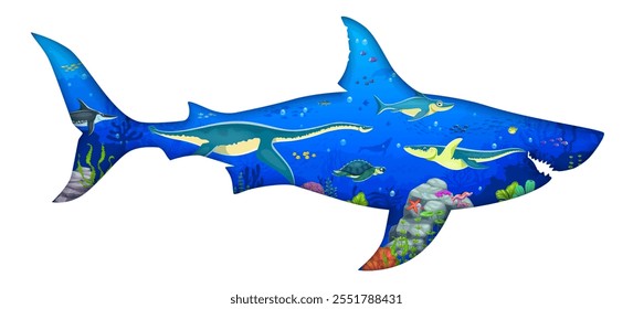 Silhueta em forma de tubarão pré-histórico de corte de papel com paisagem subaquática, dinossauros e peixes. Vetor 3d papel corte quadro megalodon com desenhos animados dino animais, archelon, kronosaurus e plesiosaurus