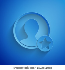 Paper cut Premium create account screen icon isolated on blue background. Paper art style. Vector Illustration