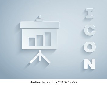 Paper cut Presentation board with graph, schedule, chart, diagram, infographic, pie graph icon isolated on grey background. Paper art style. Vector Illustration