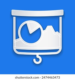 Papierschnitt-Präsentationsbrett mit Graph, Zeitplan, Diagramm, Diagramm, Infografik, Tortengrafik-Symbol isoliert auf blauem Hintergrund. Papierkunststil. Vektorgrafik