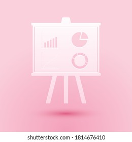 Paper Cut Presentation Financial Business Board With Graph, Chart, Diagram, Pie Graph Icon Isolated On Pink Background. Infographic Board Sign. Paper Art Style. Vector.