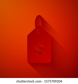 Paper cut Price tag with dollar icon isolated on red background. Badge for price. Sale with dollar symbol. Promo tag discount. Paper art style. Vector Illustration