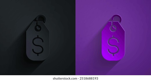 Corte de papel etiqueta de preço com ícone de dólar isolado em preto no fundo roxo. Crachá pelo preço. Venda com símbolo de dólar. Desconto de etiqueta promocional. Estilo da arte do papel. Vetor