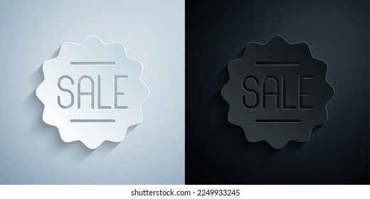 Paper cut Price tag with an inscription Sale icon isolated on grey and black background. Badge for price. Promo tag discount. Paper art style. Vector