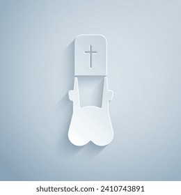 Paper cut Priest icon isolated on grey background. Paper art style. Vector Illustration