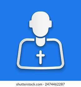 Paper cut Priest icon isolated on blue background. Paper art style. Vector