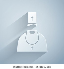 Paper cut Priest icon isolated on grey background. Paper art style. Vector Illustration