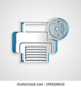Paper cut Printer and gear icon isolated on grey background. Adjusting app, service concept, setting options, maintenance, repair, fixing. Paper art style. Vector Illustration