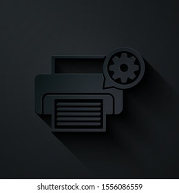 Paper cut Printer and gear icon isolated on black background. Adjusting app, service concept, setting options, maintenance, repair, fixing. Paper art style. Vector Illustration