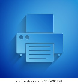 Paper cut Printer icon isolated on blue background. Paper art style. Vector Illustration