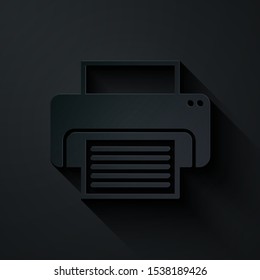 Paper cut Printer icon isolated on black background. Paper art style. Vector Illustration