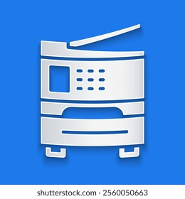 Paper cut Printer icon isolated on blue background. Paper art style. Vector Illustration