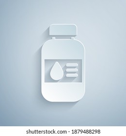 Paper cut Printer ink bottle icon isolated on grey background. Paper art style. Vector.