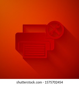 Paper cut Printer with screwdriver and wrench icon isolated on red background. Adjusting, service, setting, maintenance, repair, fixing. Paper art style. Vector Illustration