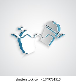 Paper cut The problem of pollution of the ocean icon isolated on grey background. The garbage, plastic, bags on the sea. Paper art style. Vector Illustration
