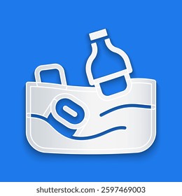 Paper cut The problem of pollution of the ocean icon isolated on blue background. The garbage, plastic, bags on the sea. Paper art style. Vector