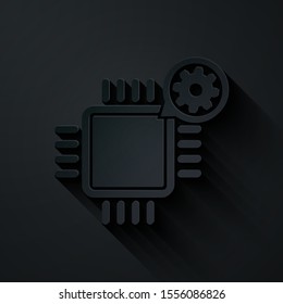 Paper cut Processor and gear icon isolated on black background. CPU, chip service concept. Adjusting app, setting options, maintenance, repair, fixing. Paper art style. Vector Illustration