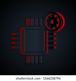 Paper cut Processor and gear icon isolated on black background. CPU, chip service concept. Adjusting app, setting options, maintenance, repair, fixing. Paper art style. Vector Illustration