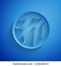 Paper cut Processor icon isolated on blue background. CPU, central processing unit, microchip, microcircuit, computer processor, chip. Paper art style. Vector Illustration