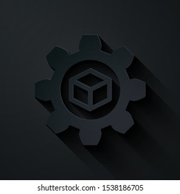 Paper cut Product development icon isolated on black background. Gear and cube. Product development symbol design from Startup collection. Paper art style. Vector Illustration