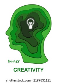 Paper cut profile human head about inner creativity. Vector illustration.