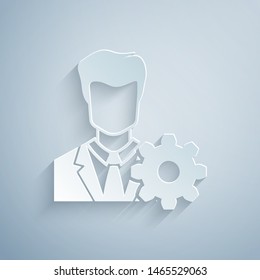 Paper cut Profile settings icon isolated on grey background. User setting icon. Profile Avatar with cogwheel. Account icon. Male person silhouette. Paper art style. Vector Illustration